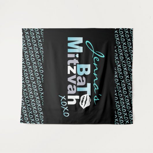 LOVE & KISSES Aqua Bat Mitzvah Foto-Op achtergrond Wandkleed (Voorkant (horizontaal))