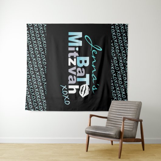 LOVE & KISSES Aqua Bat Mitzvah Foto-Op achtergrond Wandkleed (In Situ (horizontaal))