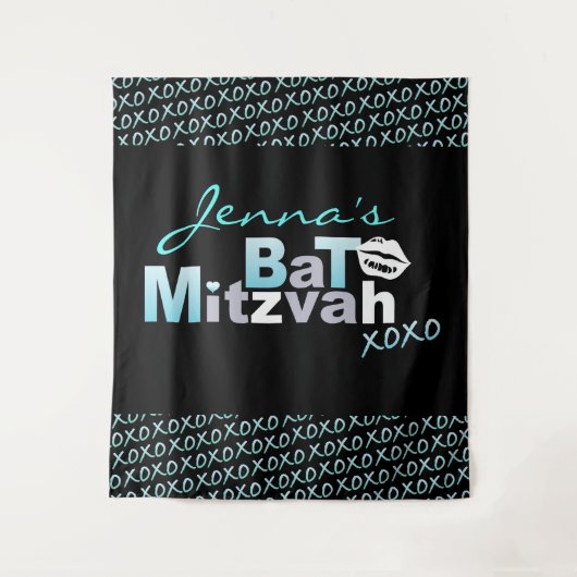 LOVE & KISSES Aqua Bat Mitzvah Foto-Op achtergrond Wandkleed (Voorkant)