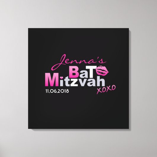 LOVE & KISSES Hot Pink Bat Mitzvah Inlogbord Canvas Afdruk (Voorkant)
