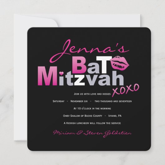 LOVE & KISSES HOT PINK Bat Mitzvah Uitnodiging (Voorkant)
