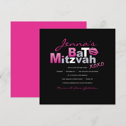 LOVE & KISSES HOT PINK Bat Mitzvah Uitnodiging (Voorkant / Achterkant)