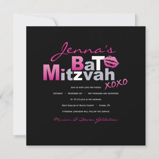 LOVE & KISSES HOT PINK Bat Mitzvah Uitnodiging (Voorkant)