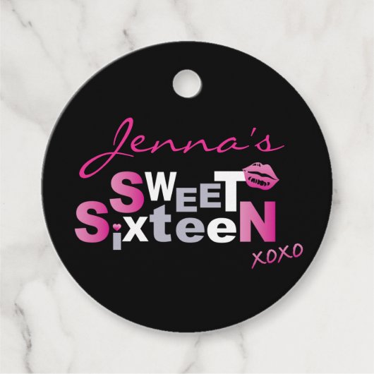 LOVE & KISSES HOT PINK Sweet Sixteen Uitnodiging Bedankjes Labels (Voorkant)