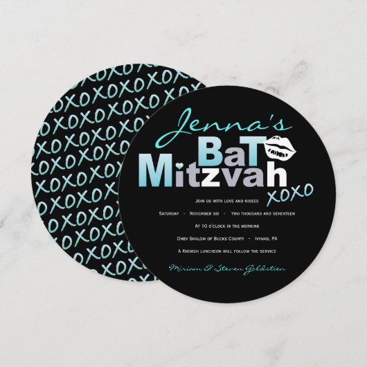 LOVE & KISSES Turquoise Bat Mitzvah Uitnodiging (Voorkant / Achterkant)