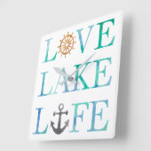 Love Lake Life Nautical Typography Waterverf Vierkante Klok (Hoek)