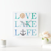 Love Lake Life Nautical Typography Waterverf Vierkante Klok (Huis)