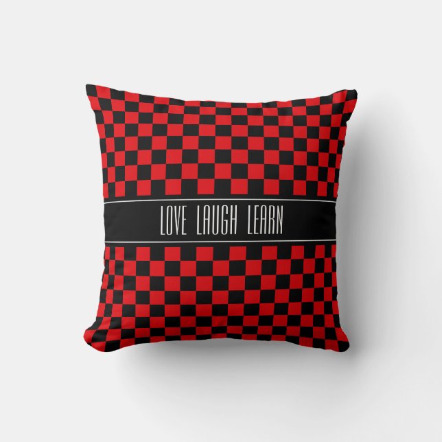 Love Laugh Learn op zwart en rood geruit Kussen (Voorkant)
