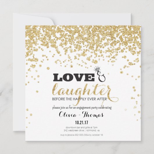 Love & Laughter Gold Glitter Verloving Uitnodigen Kaart (Voorkant)
