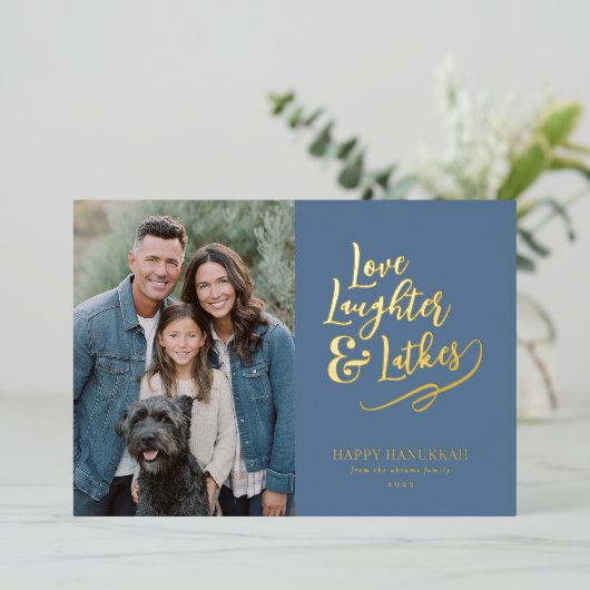 Love Laughter Latkes Hanukkah Photo Folie Feestdagenkaart (Staand Voorkant)