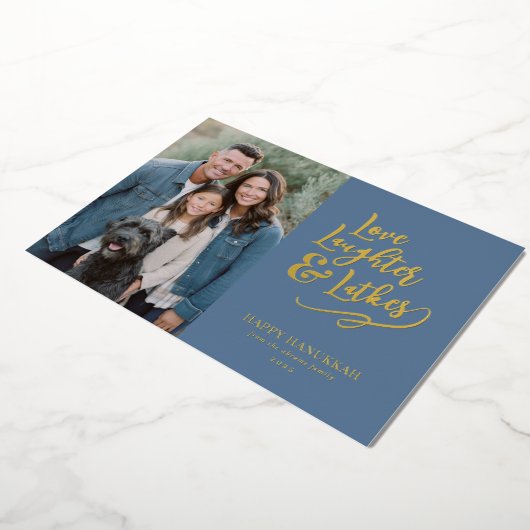 Love Laughter Latkes Hanukkah Photo Folie Feestdagenkaart (Gedraaid)