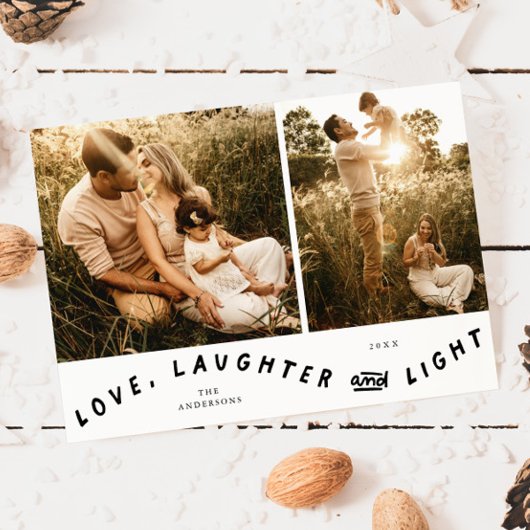 Love Laughter Light Christmas Photo White Feestdagenkaart