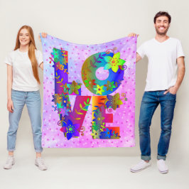 LOVE Letter Word Floral Rainbow Flowers Fleece Deken