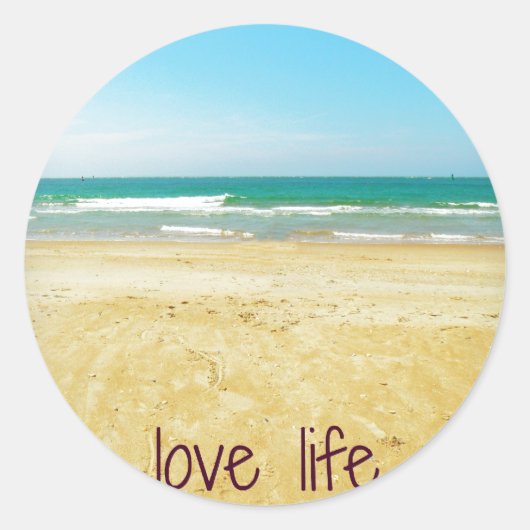Love Life Quote met strandscène Ronde Sticker (Voorkant)