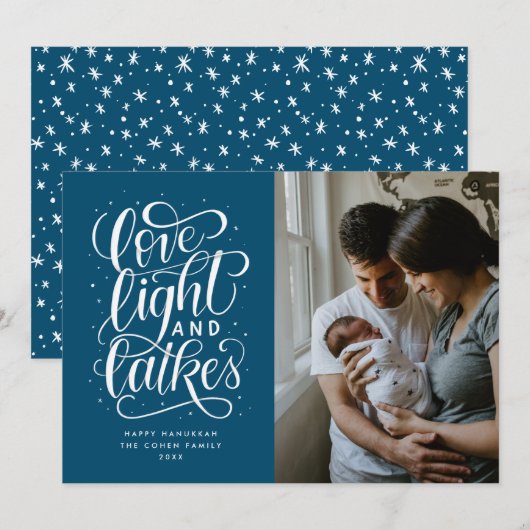 Love, Light and Latkes Photo Hanukkah Feestdagenkaart (Voorkant / Achterkant)