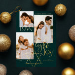 Love Light Joy Star David Hanukkah 3 Foto Collage Folie Feestdagenkaart<br><div class="desc">Elegant Hanukkah drie fotocollage-kaart met een elegant typografisch ontwerp "Love Joy Light" in goud. Mousserende gouden sterren creëer de ster van David. Kunstwerk van Muthology Papery.</div>