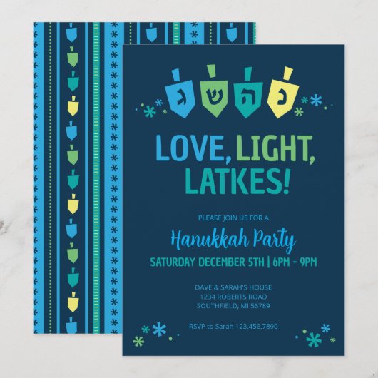 Love Light Latkes Hanukkah Feest Uitnodiging (Voorkant / Achterkant)