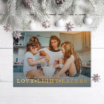 Love Light Latkes Hanukkah Photo Folie Feestdagenkaart<br><div class="desc">Love Light Latkes in retro serif type over full bleed photo; also available in flat ink</div>