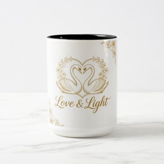 Love & Light Mug - Gold Swans Heart Design | 15 oz Tweekleurige Koffiemok (Center)