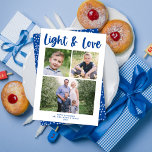 Love & Light Script Multi-Photo Hanukkah Kaart<br><div class="desc">Deze moderne Hanukkah-fotokaart biedt een eenvoudige witte achtergrond met een modern kalligrafiescript in feestblauw. De groet aan de voorzijde zegt "Licht & Liefde". Het past drie foto's (twee vierkant en één horizontaal) aan en zou goed in kleur of zwart-wit werken. Op de achterkant is er een handgetekend patroon in blauw...</div>