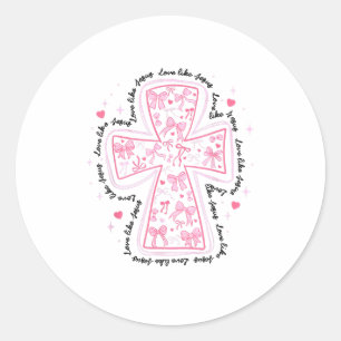 Love Like Jesus Coquette Heart Cross Christelijk V Ronde Sticker