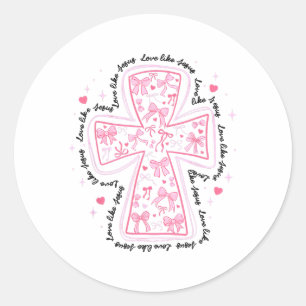 Love Like Jesus Coquette Heart Cross Christelijk V Ronde Sticker