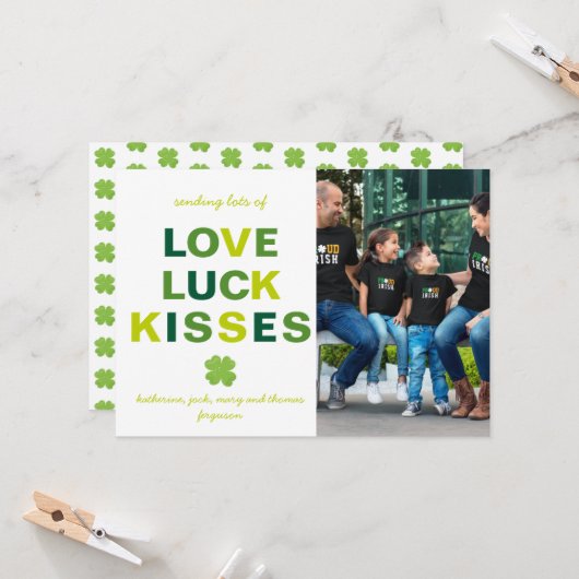 Love Luck Kisses Custom Photo Shamrock St Patrick Kaart (Voorkant / Achterkant in situ)