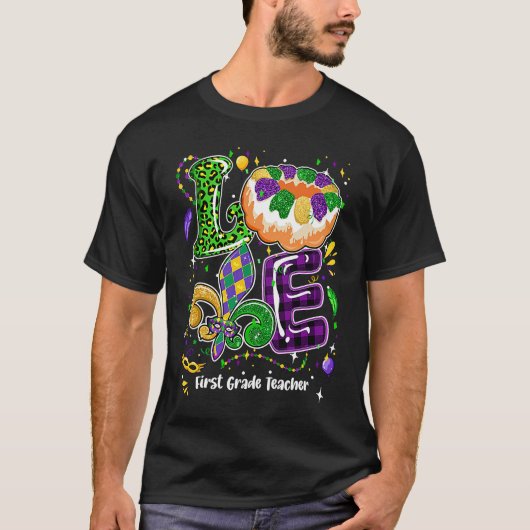Love Mardi Gras First Grade Teacher Party Festival T-shirt (Voorkant)