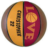LOVE Maroon Red en Golden Yellow gepersonaliseerd Basketbal (Verticaal)