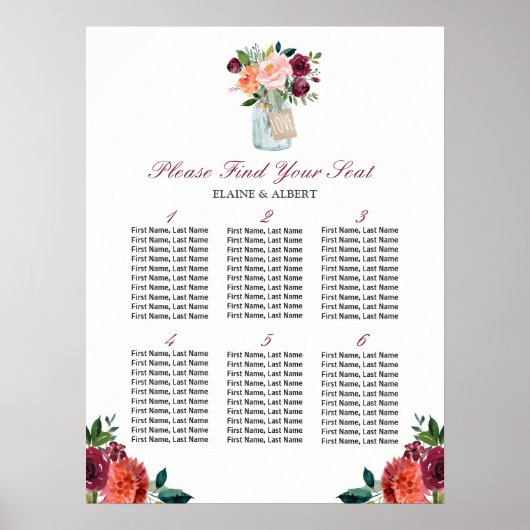 Love Mason Jar 6 Tables Wedding Seding Chart Poster (Voorkant)
