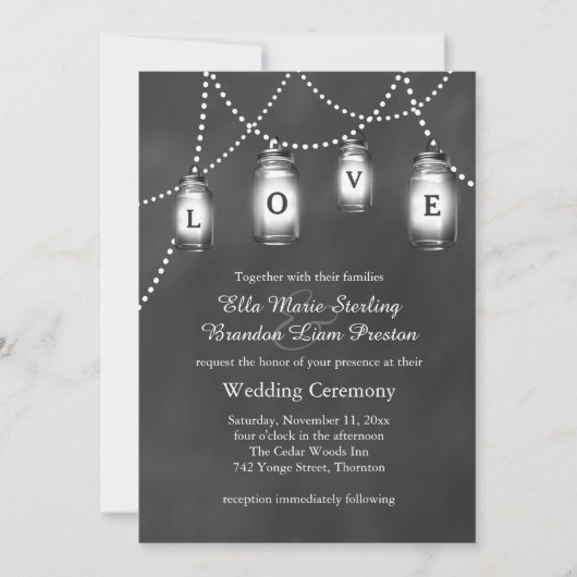 Love Mason Jars on Chalkboard Wedding Invitation Kaart (Voorkant)