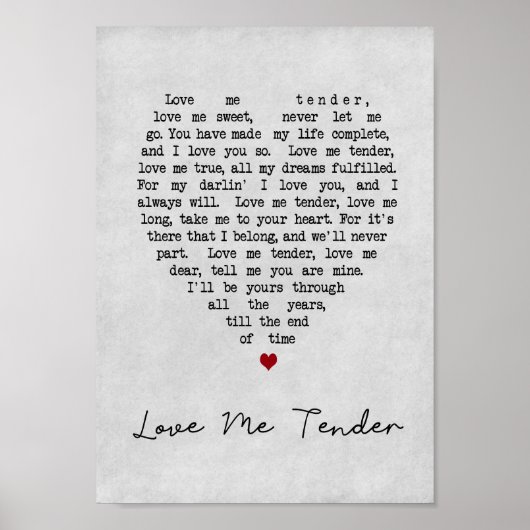 Love Me Tender Gray Heart Song Lyric Print (Voorkant)