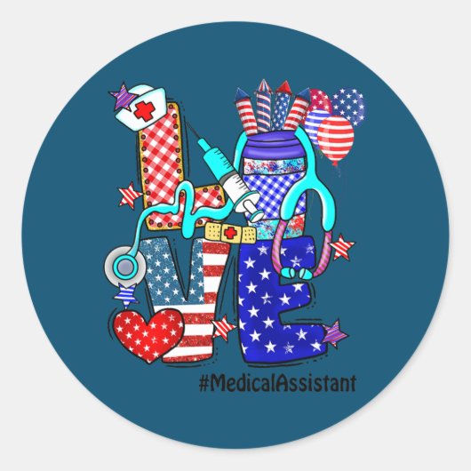 LOVE Medical Assistant Stethoscope Fireworks USA Ronde Sticker (Voorkant)