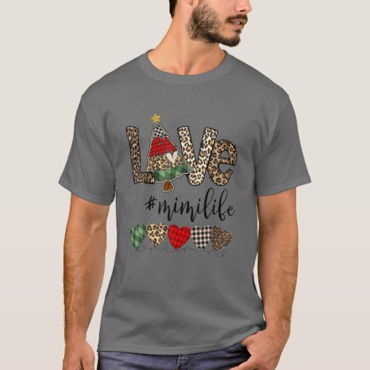 Love Mimi Life Heart Christmas Tree Leopard Plaid T-shirt (Voorkant)