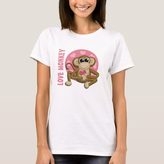 Love Monkey - Cute Monkey met Roze Hearts T-Shirt (Voorkant)