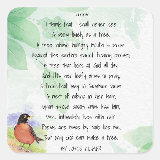 Love Natuur Inspirerend Poem Trees Kilmer Vierkante Sticker (Voorkant)