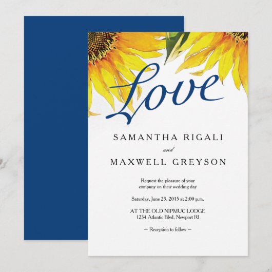 Love Navy Blue & Sunflower Summer Wedding Kaart (Voorkant / Achterkant)