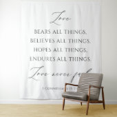 Love Never Fails Wedding Tapestry Backdrop  Wandkleed (In situ)