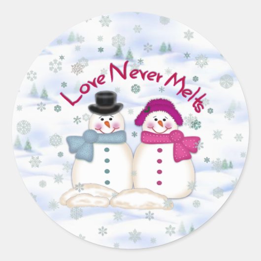 Love Nooit Melts Snowman Couple Glossy Stickers (Voorkant)
