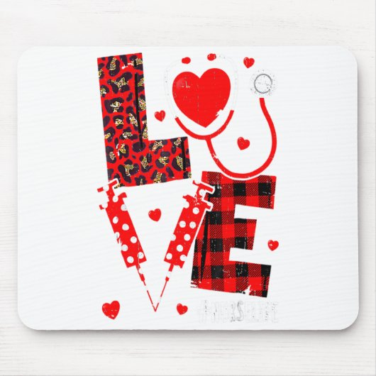 Love Nurse Life Valentine Day Leopard Plaid Red He Muismat (Voorkant)
