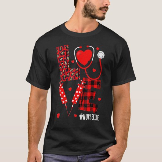 LOVE Nurse Life Valentine Day Leopard Plaid Red He T-shirt (Voorkant)