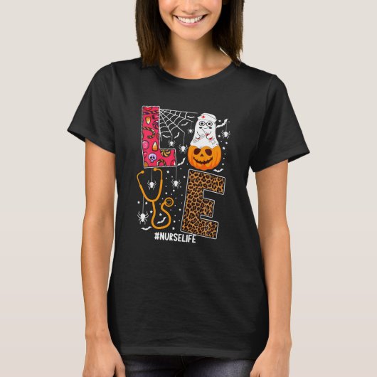 Love Nurse Pumpkin Leopard Herfst Halloween T-shirt (Voorkant)