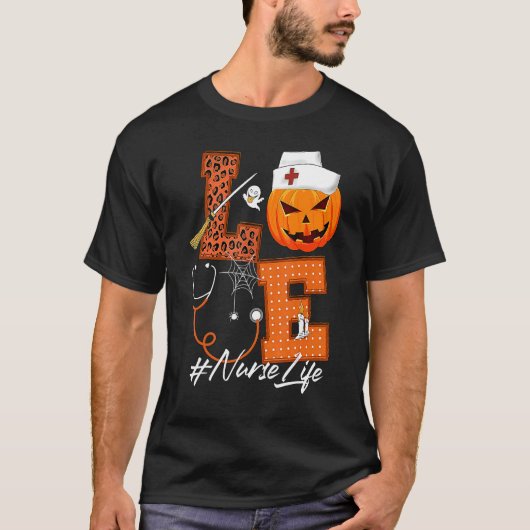 Love Nurse Pumpkin Leopard Herfst Halloween Thanks T-shirt (Voorkant)