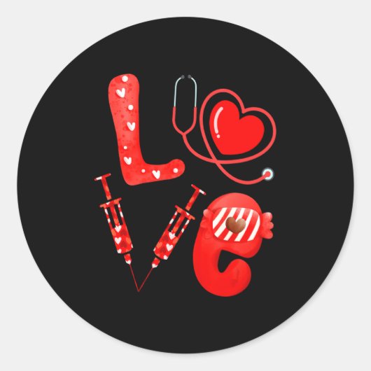 Love Nurse Stethoscope Syringe Happy Valentines D  Ronde Sticker (Voorkant)