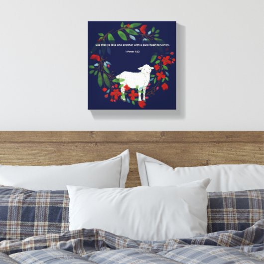 Love One Another | Lamb & Floral Canvas Print (Insitu (Slaapkamer))