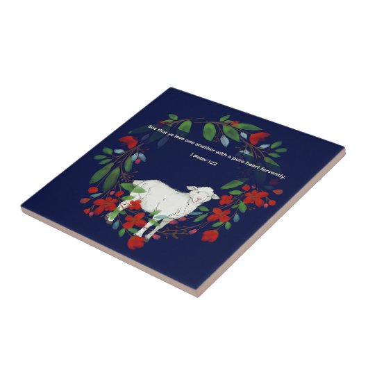 Love One Another | Lamb & Floral Ceramic Tile Tegeltje (Zijkant)