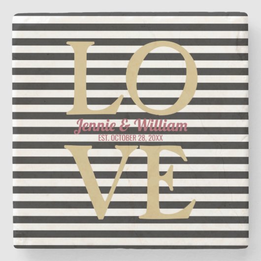 LOVE op Zwarte Strepen Trouwdatum Stenen Onderzetter (Voorkant)