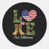 Love Our Veterans Day Proud Military American Flag Ronde Sticker (Voorkant)