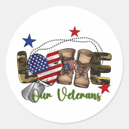 Love Our Veterans Day Trotse militaire Amerikaanse Ronde Sticker (Voorkant)
