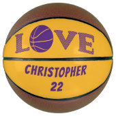LOVE Paars en Geel, gepersonaliseerd Basketbal (Voorkant)